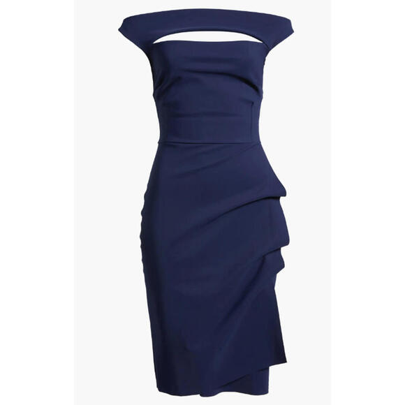 NEW Chiara Boni Melania Short Off-The-Shoulder Dress Blue Notte SZ 44 #MD01137